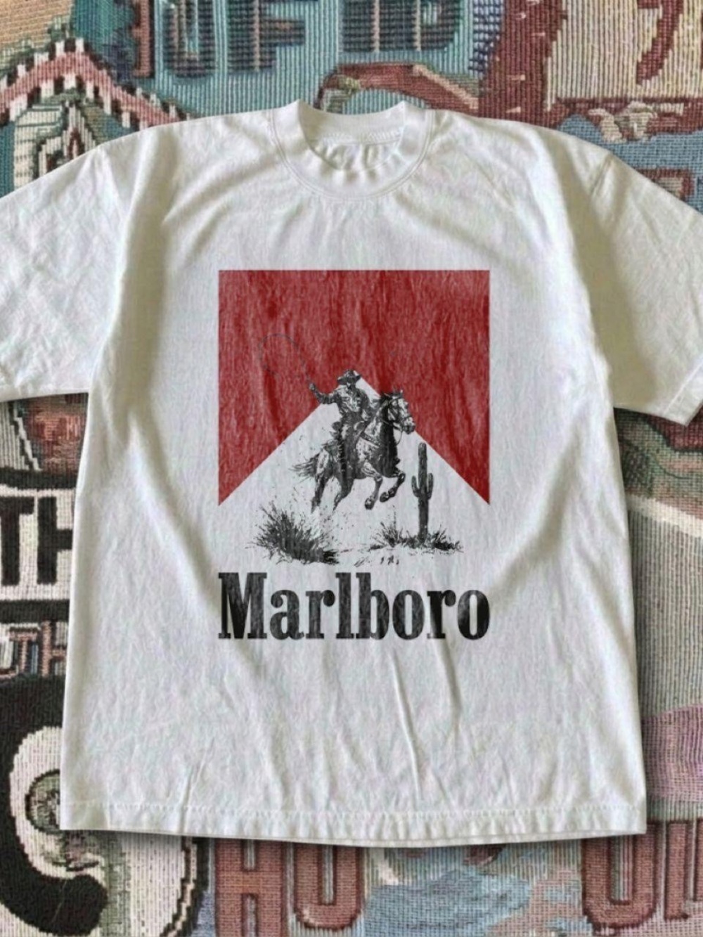 Gildan White Short-Sleeve Tee with Red Chevron and Black Western Print